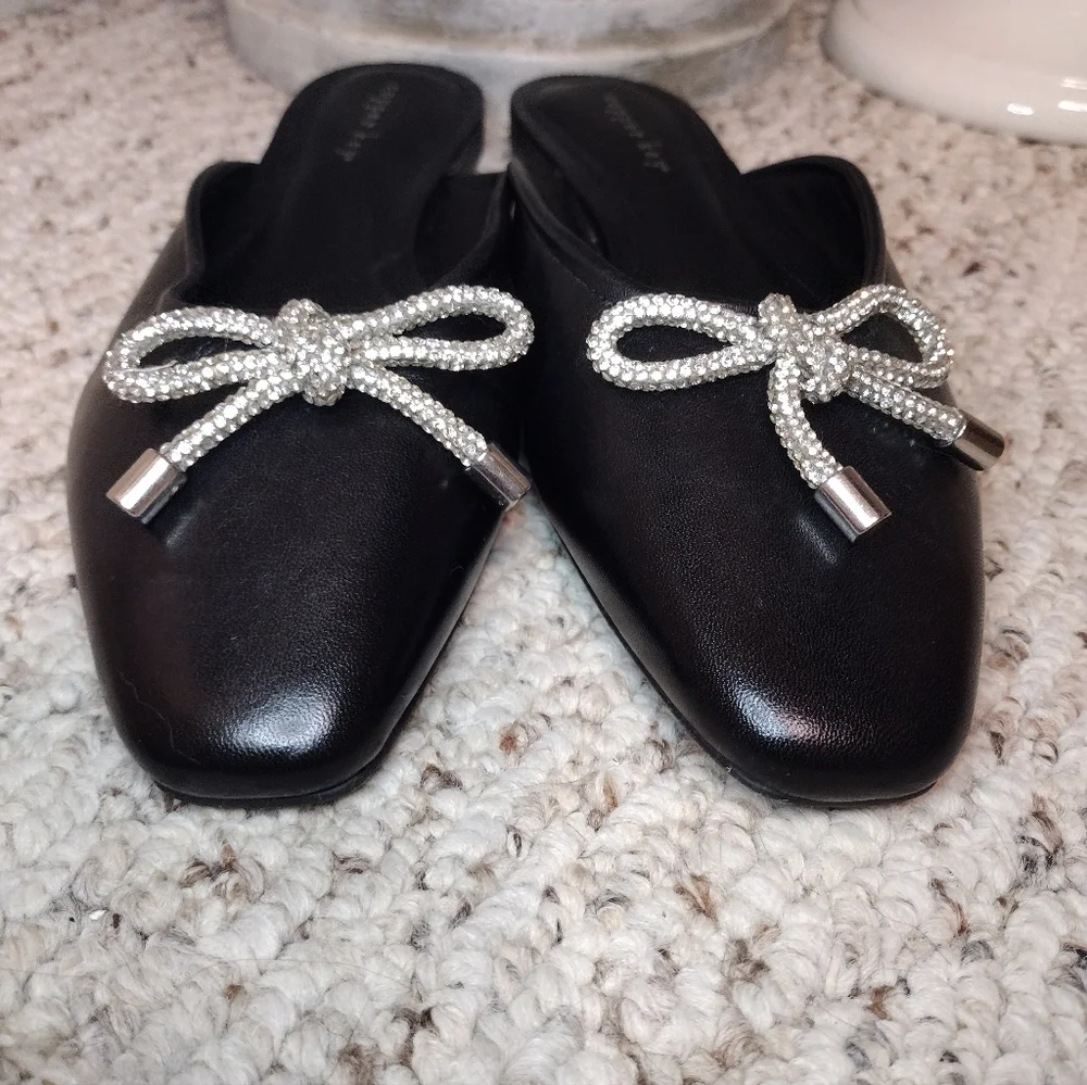 Copper Key Glimmer Black Leather Slip-On Mules with Rhinestone Bow Accent - Picture 4 of 8